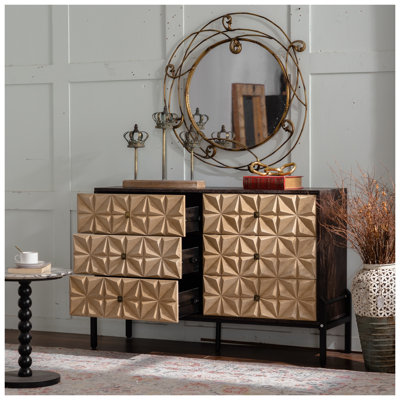 48.21" Mid-Century Modern 6-Drawer Sideboard - Solid Wood & MDF 3D Geometric Diamond Dresser, Buffet Console Table with Black Metal Legs for Living Room/Dining Room