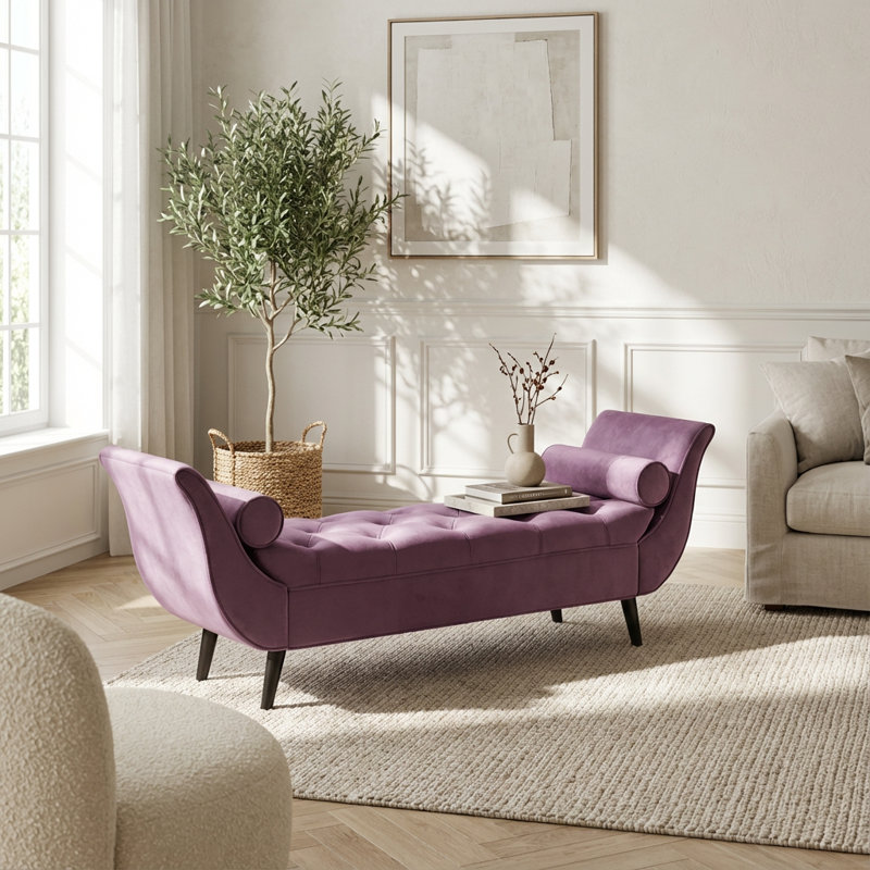 Banc rembourré en velours capitonné avec coussins, repose-pieds courbé, Mauve