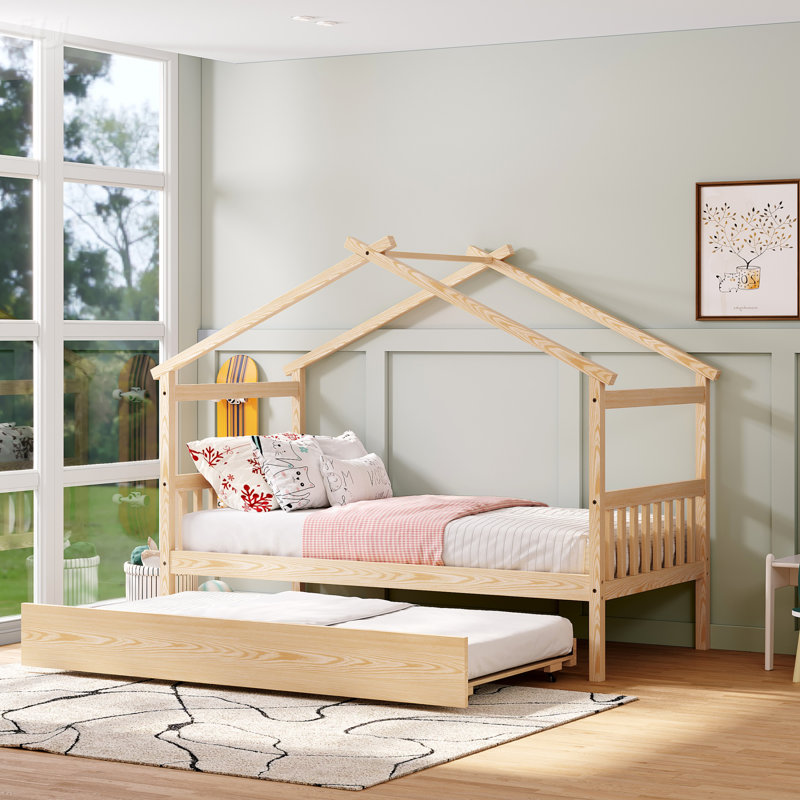 Lit simple simple avec lit gigogne simple, naturel, lit
