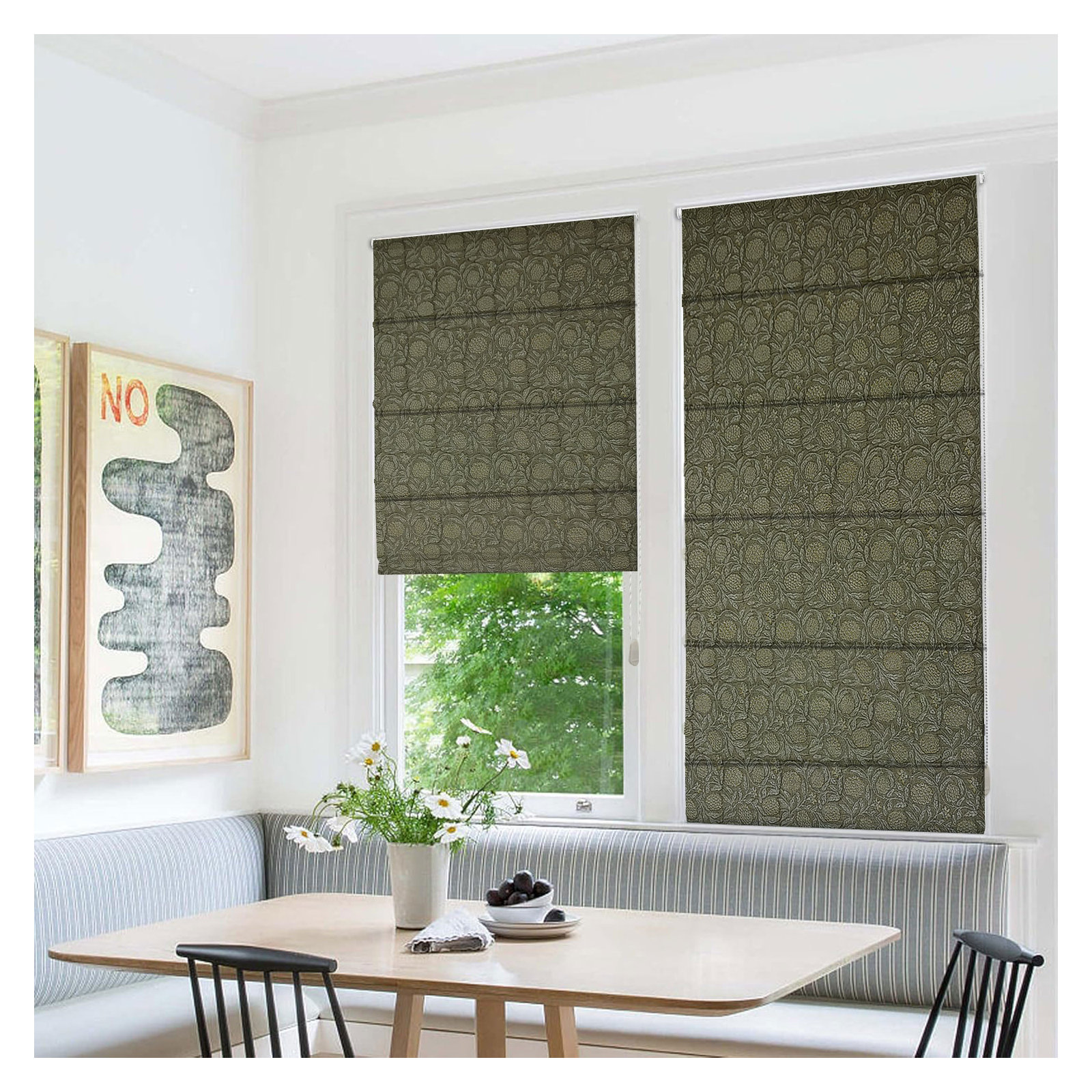  Floral Handmade Block Printed 100% Blackout Linen Roman Shade for Windows and French Doors, Corded Blinds for Living or Bedroom, Brown, Room Darkening, Merakhi
