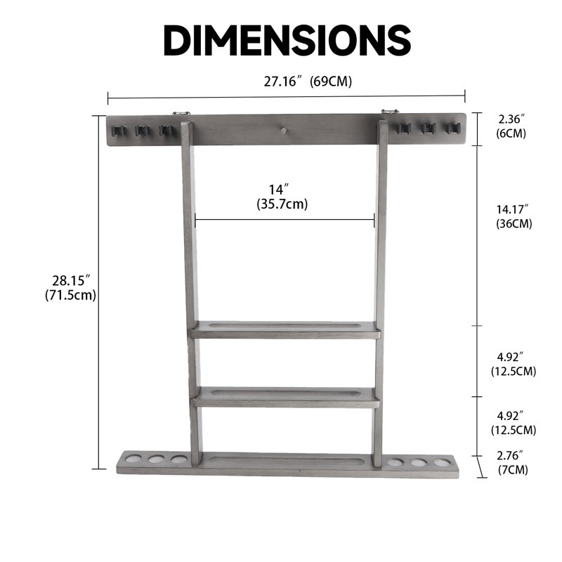 GSE Solid Wood 6 Pool Cue Rack, Billiard Pool Cue Stick Wall Mount Rack Only, Hanging Mounting Rack - Silver Mist