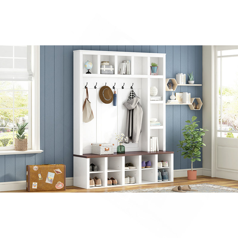 Farmhouse Wooden Style Hall Tree With 6 Hooks, Practical Walnut Storage Bench With Adjustable Shelves,  4-In-1 Entryway Shoe Cabinet With 13 Cubbies For Mudroom, Living Room