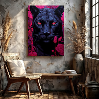 «Black Panther», portrait d'un animal gothique floral rose, reproduction d'art sur toile, art floral noir et rose pour salon, bureau de chambre à coucher, mur de galerie d'entrée, appartement