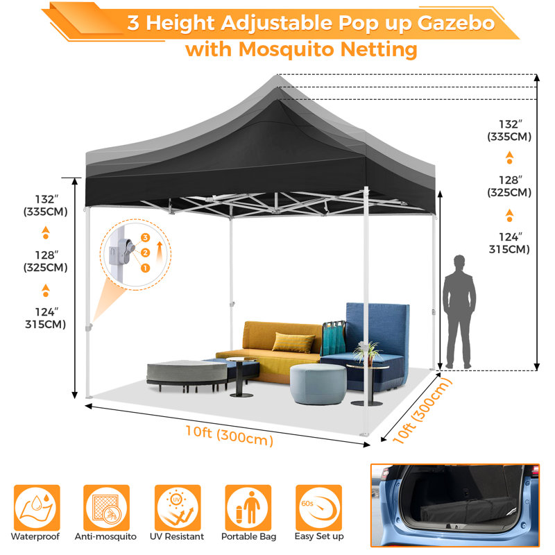 10' x 10' Black Heavy Duty Pop-Up Canopy Tent with Netting