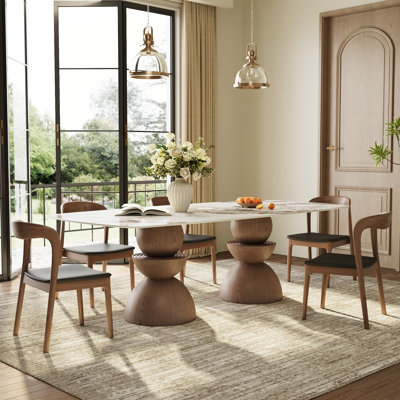 Mid-Century Double Pedestal Solid Wood Dining Table Sets With Rectangular Sintered Stone Tabletop