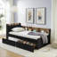 Lit de jour multifonctionnel pour chambre à coucher, revêtement classique en velours noir, lit simple avec tiroirs de rangement, chargement sans fil et lumières DEL