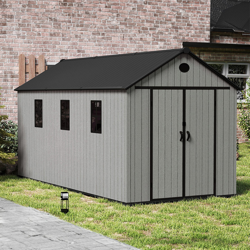 Gray wood-grain pointed-roof plastic tool shed