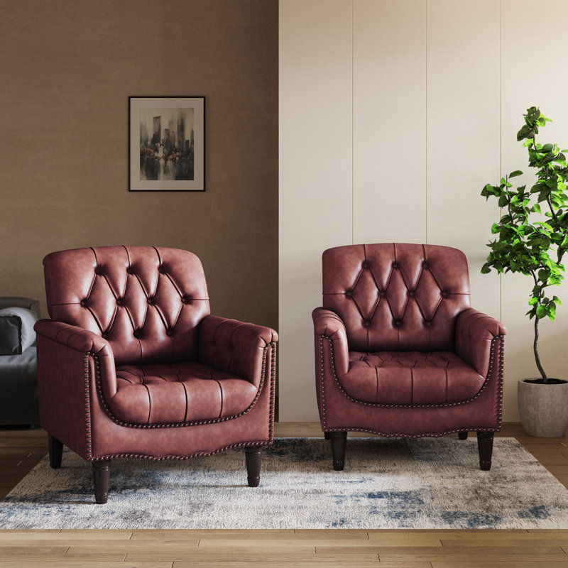 80 Cm Wide Tufted Armchair, Dark Red Faux Leather
