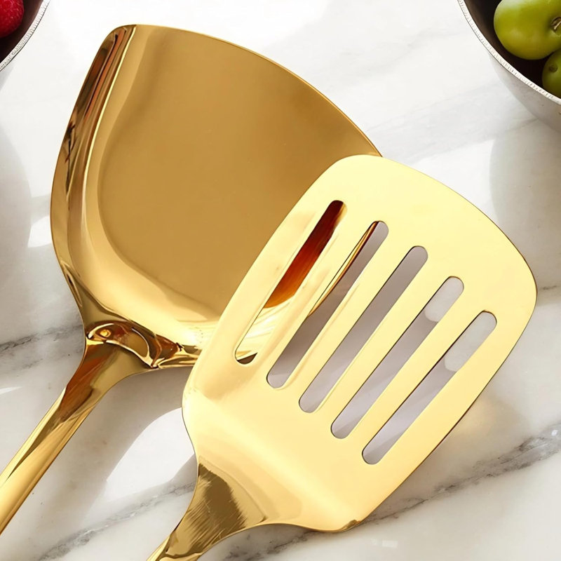 Ensemble d'ustensiles de cuisine 7 pièces en acier inoxydable avec support - Poignées ergonomiques résistantes à la chaleur pour la cuisson, le service et la préparation des aliments