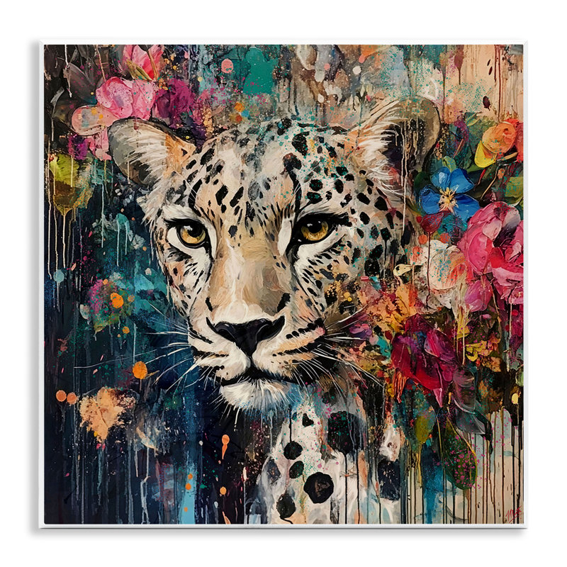 Plaque murale guépard et fleurs exotiques, design par Marta Wiley
