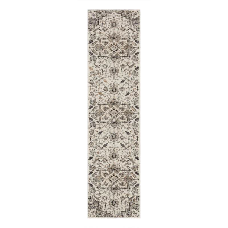 Tapis gris à motif floral médaillon Manoel, Tapis de couloir 2 pi x 8 pi