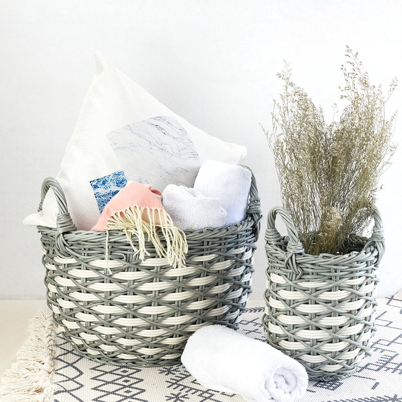 Empilable fabriqué à la main 3, gris et beige, pour le rangement et la lessive, avec poignées pratiques et panier de style tissé à la main pour ranger les couvertures, les oreillers, les vêtements,
