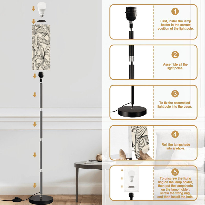 Lampe sur pied noire et blanche à lignes abstraites et ondulées beige avec lumière à intensité variable et interrupteur au pied à télécommande