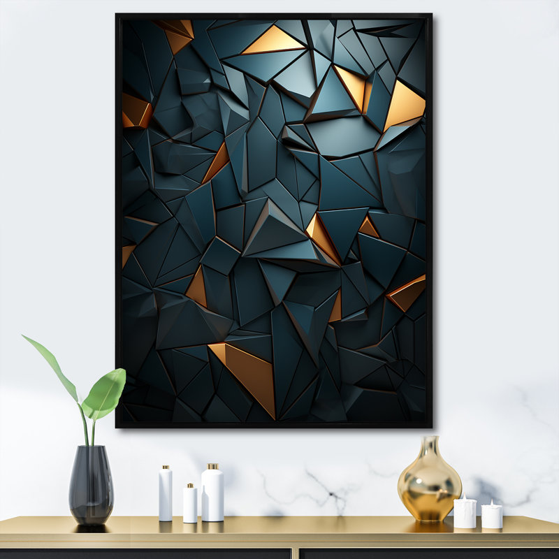 Élégance géométrique foncée dorée - tuile abstraite, art mural, Cadre flottant noir, H 20 po x l 12 po x P 1 po