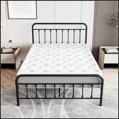 Sturdy Metal Platform Bed Frame with Vintage Headboard, No Box Spring Required, High Storage Capacity