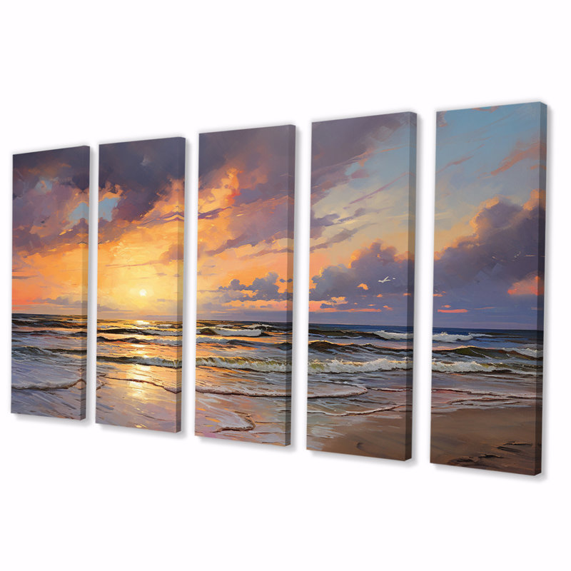 Coucher de soleil, tranquillité, plage vibrante, mariage III, plage, art mural, salon, 5 panneaux égaux