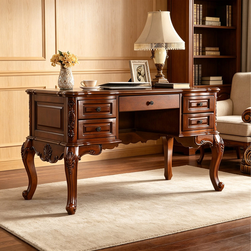Bureau d'écriture rétro en bois massif sculpté brun, H 31,49 po x l 62,99 po x P 27,55 po