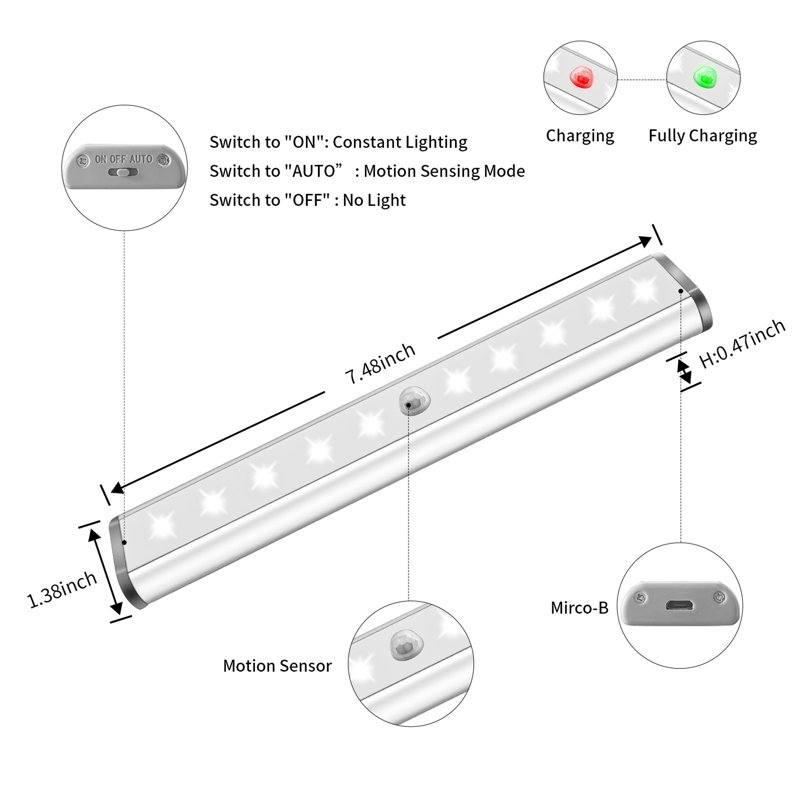 Luminaire d'armoire de 7,48 po à 10 lumières à DEL sans fil avec capteur de mouvement rechargeable LEPOTEC, Tiède