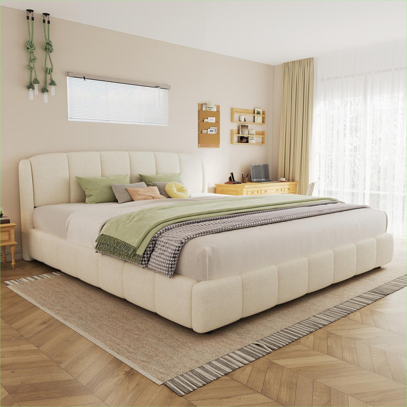 Soft Curved Style King Size Platform Bed, No Box Spring Required Upholstered Boucle Frame, Beige Finish