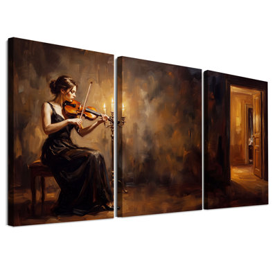Ensemble de 3 toiles murales représentant une violoniste en robe noire jouant à la lueur des bougies