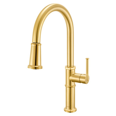 Ruvati Idris Single Handle Pull Down Kitchen Faucet Tall High Arc Gooseneck with Sprayer in Brushed Gold
