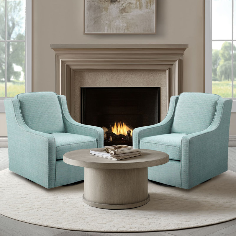 Harris 28.5" W Upholstered 360° Swivel Armchair with Curved Arms & Removable Cushion, Dusty Aqua Chevron