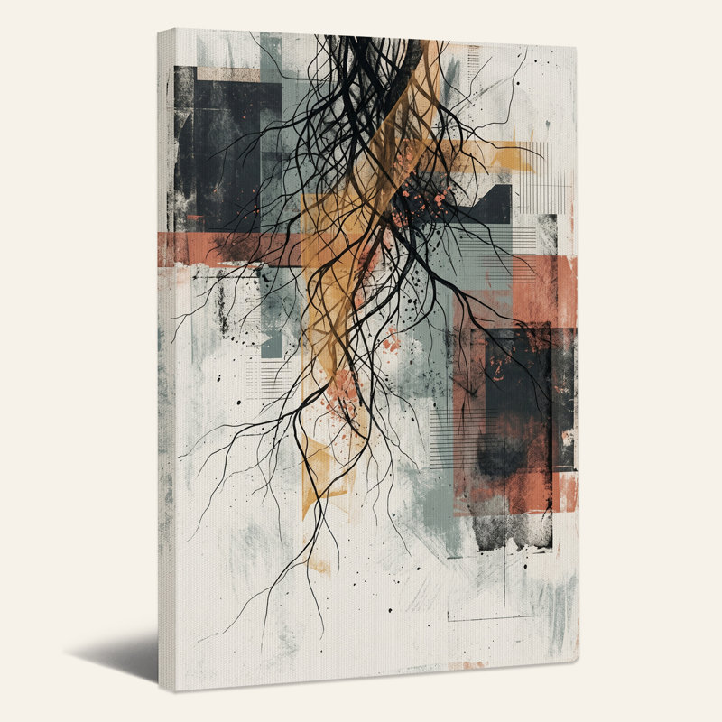 Racines noires enchevêtrées sur toile murale à blocs géométriques rouille et gris, H 48 po x l 32 po