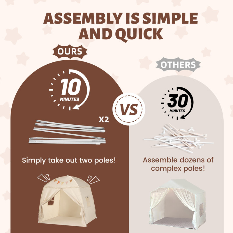 Large Kids Teepee Tent with Star Lights & Flags - Indoor Toddler Playhouse for Boys & Girls | Canopy for Playroom, Bedroom - Perfect Gift Toy (Cream)
