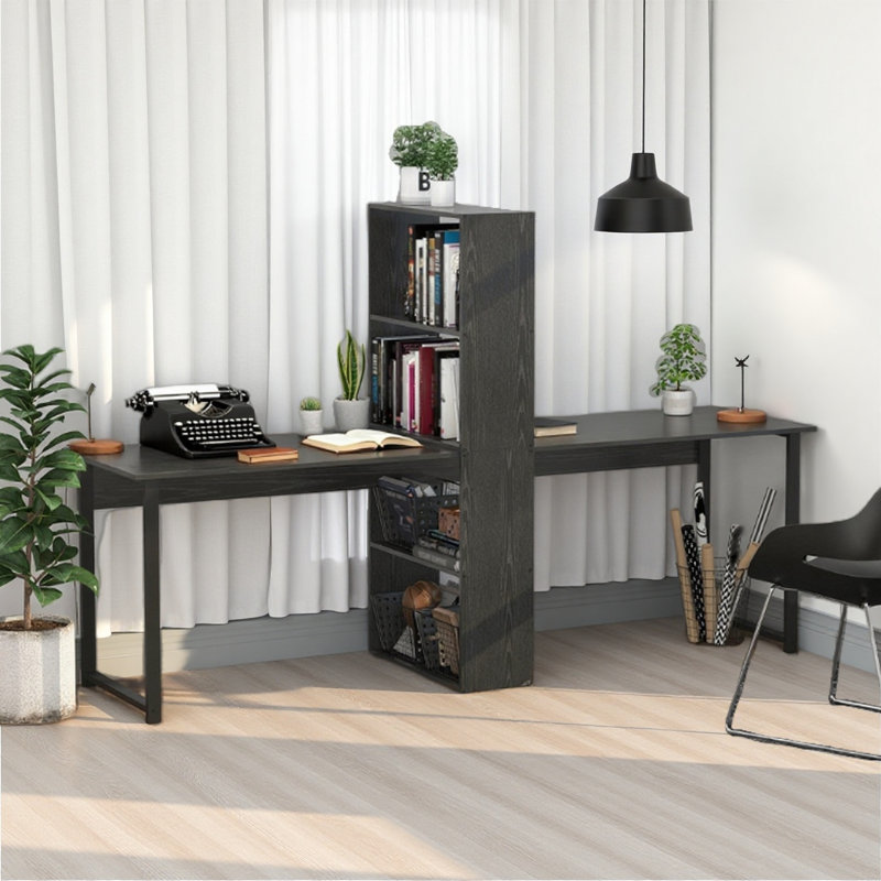 Long bureau d'ordinateur avec tablettes de rangement combinées, double bureau d'écriture pour bureau personnel, bibliothèque