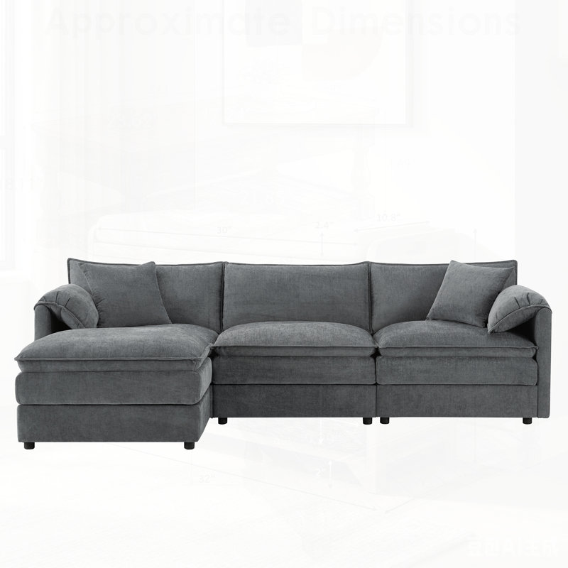 Canapé modulaire en chenille avec siège profond et large, ensemble de canapé en forme de L avec coussins doubles, canapé à 4 places avec repose-pieds mobile, mobilier d'intérieur surdimensionné