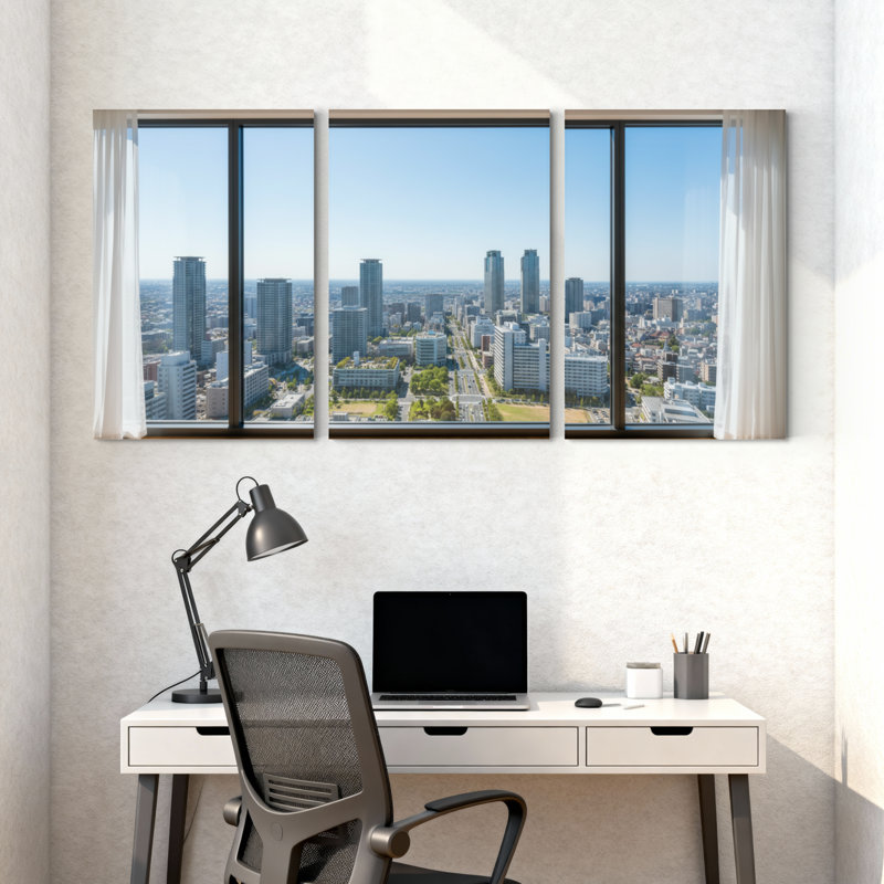 Ensemble de 3 impressions sur toile, "Scenic & Cityscapes Cityscape View Through Large Windows", H 18 po x l 36 po