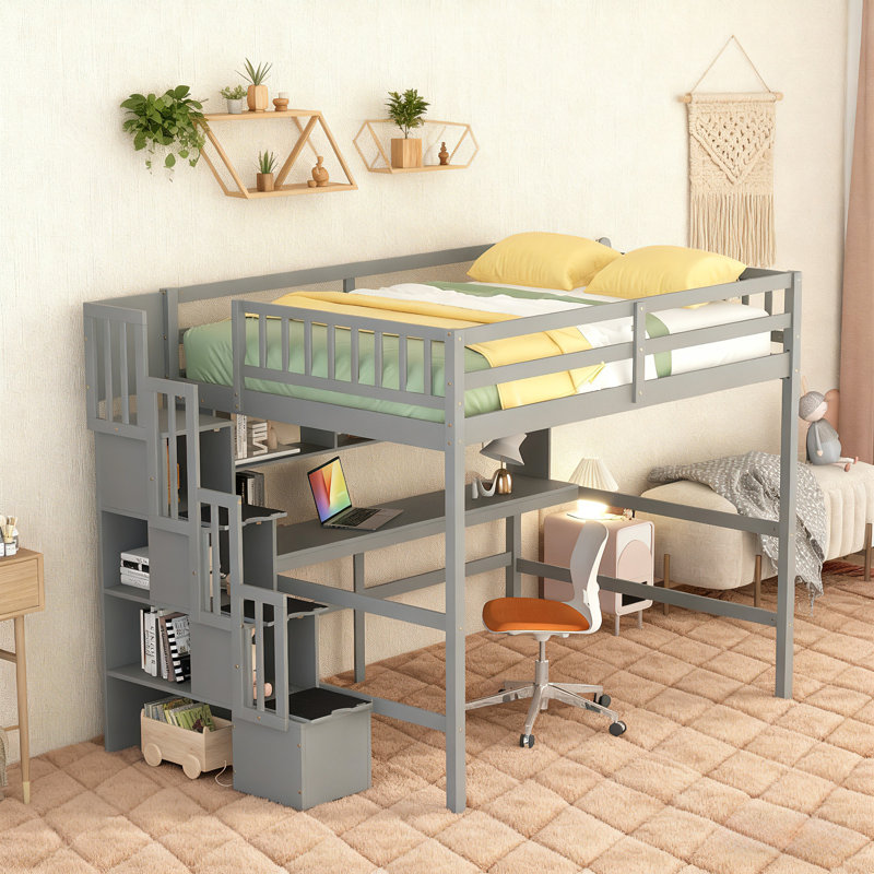 Full Size Loft Bed With Built-in Desk, Bookshelves And Storage Staircase For Kids,teens,adults, Gray