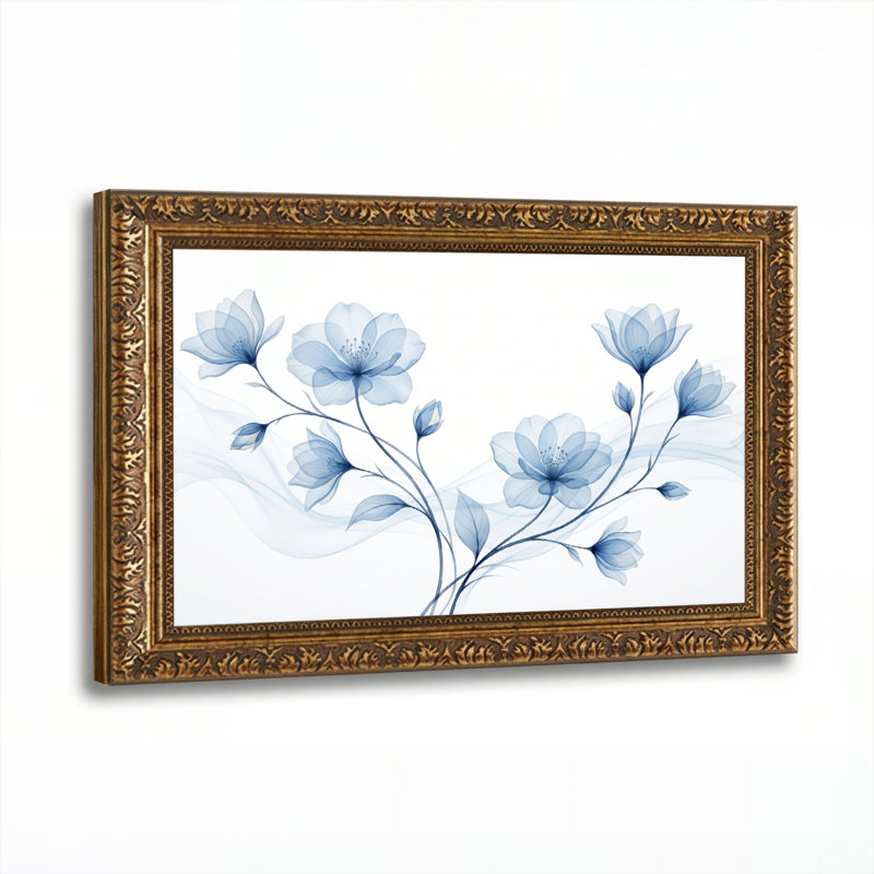 Art mural en toile noyer doré encadré pour le salon, la chambre à coucher, le bureau ou le vestibule - décoration murale décorative avec motif floral bleu