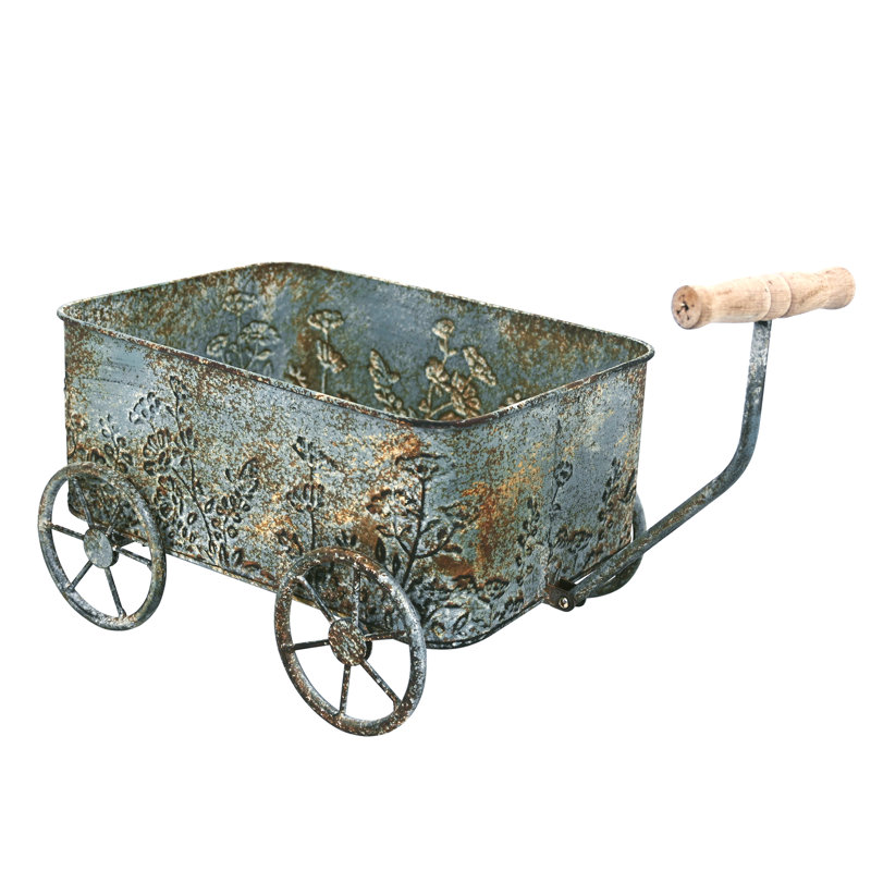 Vintage Metal Wheelbarrow Planter with Wooden Handles(Flower Excluded), Gray