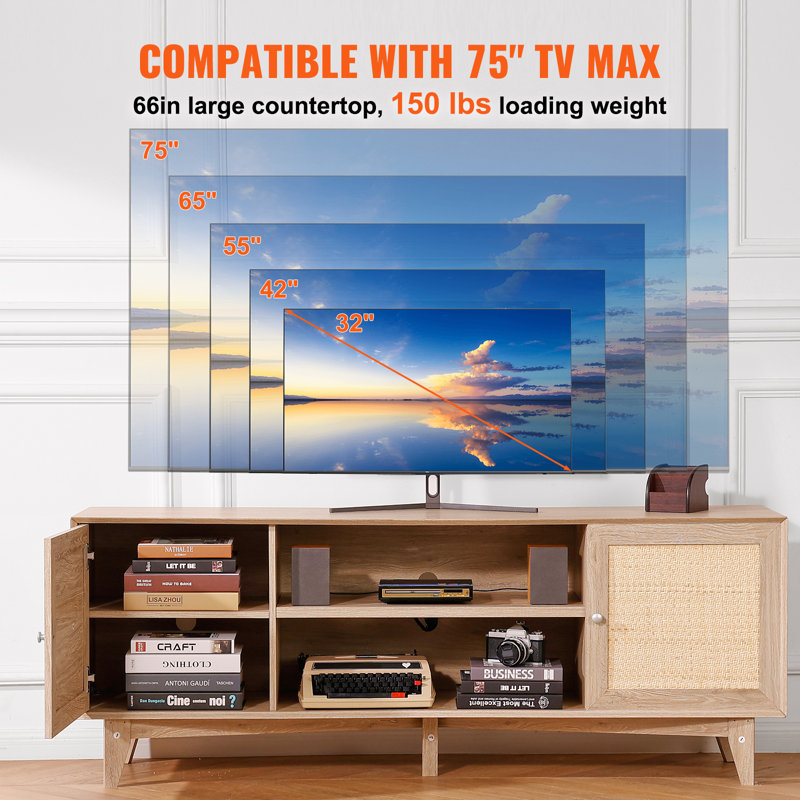 Meuble télé en rotin pour téléviseur 75 po, Bois de chêne