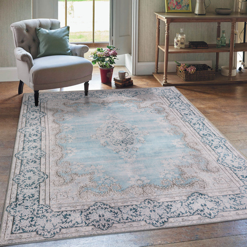 Blue Vintage Distressed Washable 9' x 12' Synthetic Rug
