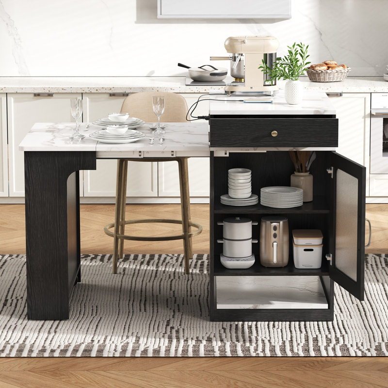 59.5" Kitchen Island With Extendable Dining Table - Double-sided Storage, 2 Drawers, Power Outlet & Side Open Shelves, Black - Kitchen Dining Room Furniture