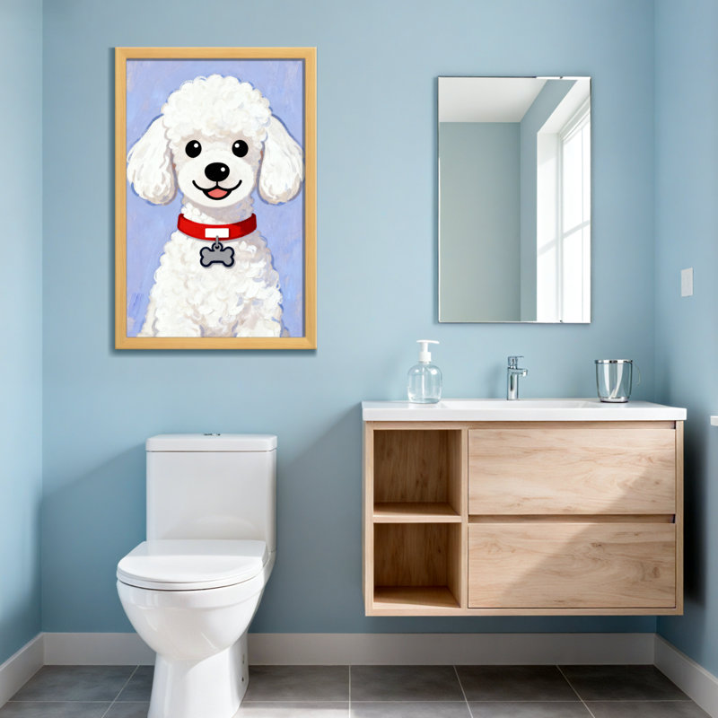 Animaux caniche blanc avec collier rouge et étiquette en os, H 36 po x l 24 po, Toile tendue, Ne s’applique pas