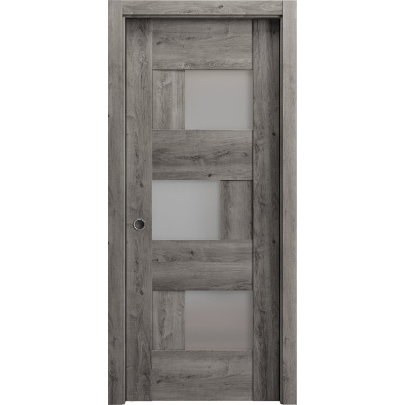 Pocket Door with Frosted Glass Sete 6933 Nebraska Grey Kit Trims Rail Hardware Solid Wood Interior Bedroom Sturdy Doors-18" x 96"