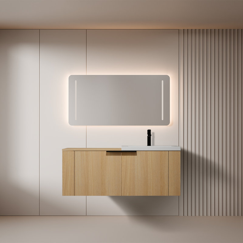 Ensemble de meuble-lavabo mural 48 po moderne pour grand espace, Bois de chêne, Blanc / chêne chêne
