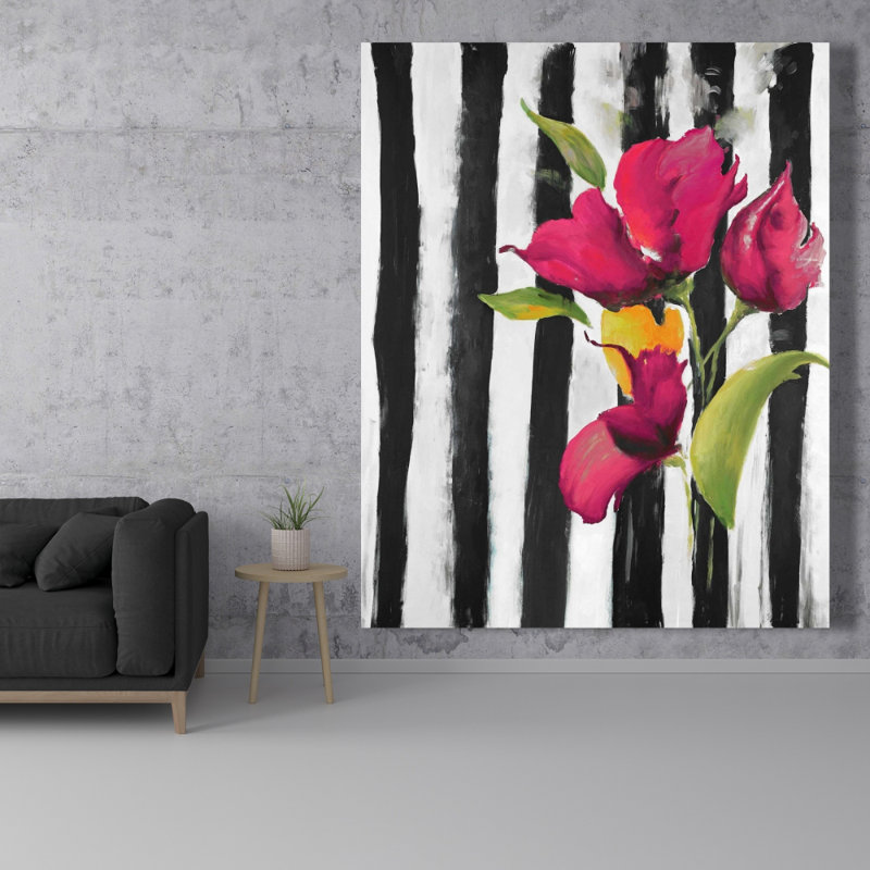 Flowers on Black and White Stripes | Illustrative Canvas Decor