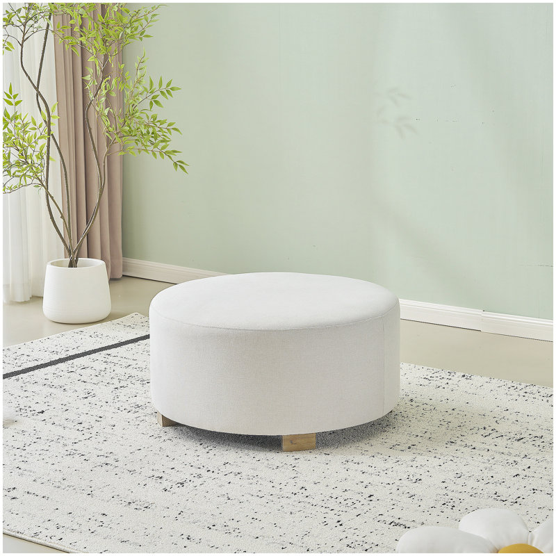 Repose-pieds rond blanc en tissu avec pieds en bois, repose-pieds minimaliste moderne