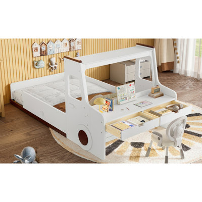 Lit simple au sol avec conception en forme de voiture intéressante, lit de voiture pour enfants avec tiroirs de rangement, fenêtre et bureau, conception enfantine, blanc