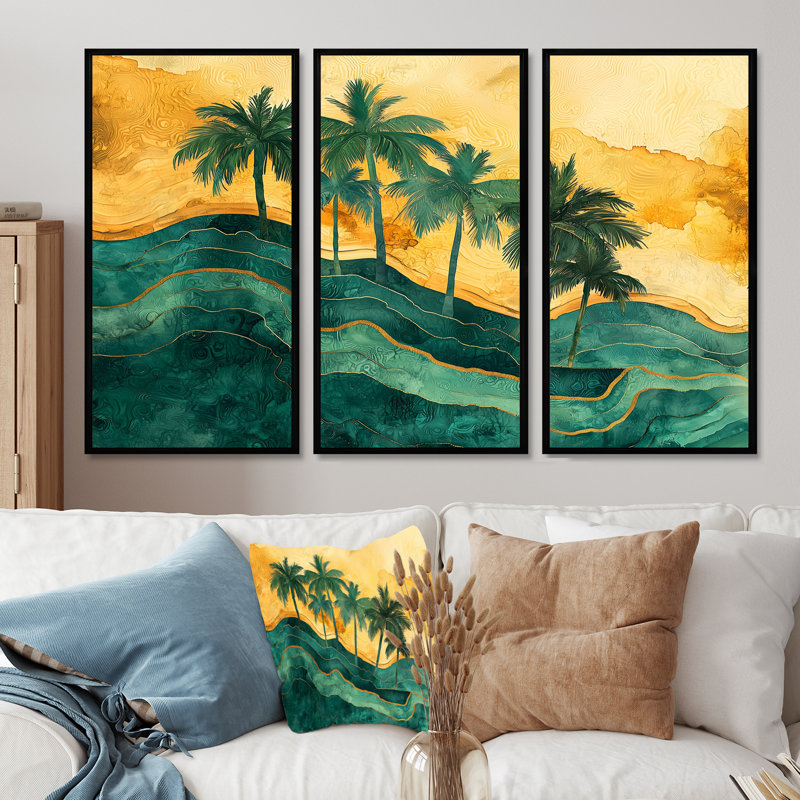Palmiers sur une île tropicale IV - palmiers, art mural - 3 pièces, H 28 po x l 36 po, Impression encadrée sans passe-partout