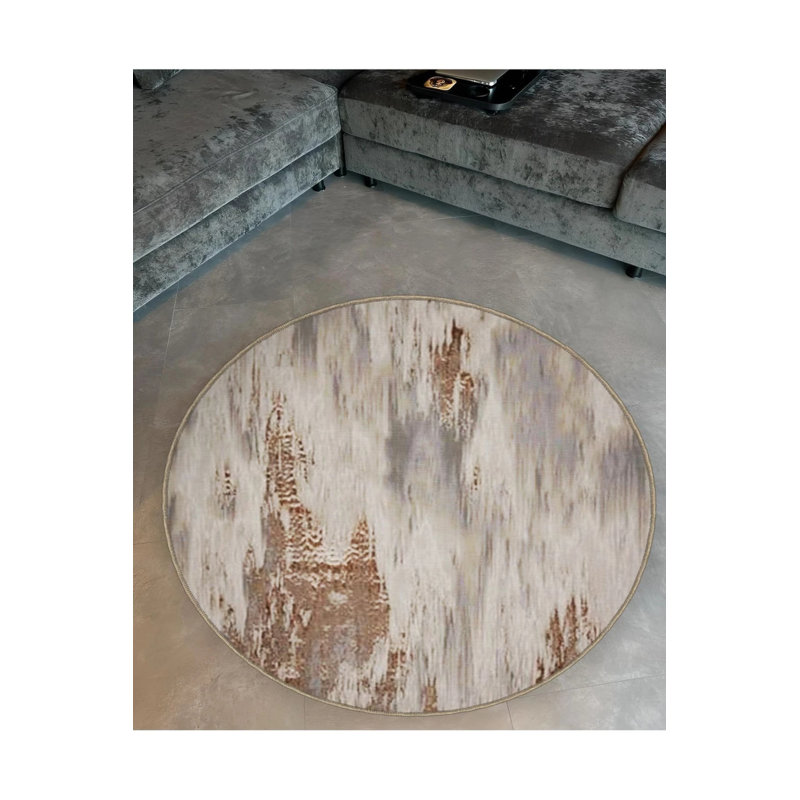 Modern Decorative Carpet With Abstract Patterned Woven Base In Beige Tones, Round 3'4"