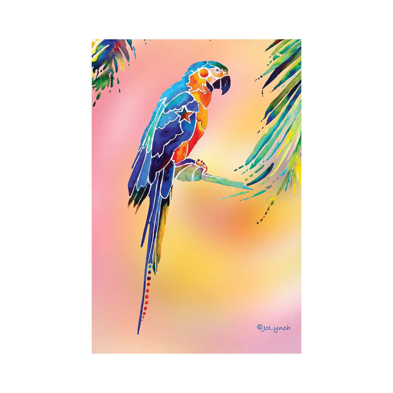 «Tropical Parrot» par Jo Lynch - peinture sur toile tendue, H 40 po x l 26 po x P 1,5 po