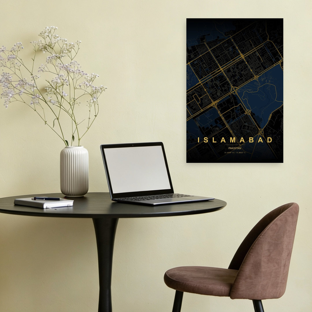 Islamabad Golden Night Map Abstract Geometric Modern City Wall Art Print