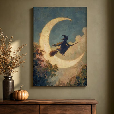 Tableau à l'huile sur toile tendue « Sorcière volante et croissant de lune », 61 x 91 cm, prêt à accrocher