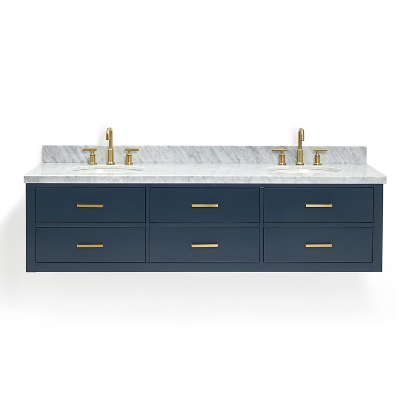 73'' W Double Vanity, Midnight Blue, Satin Brass, Italian Carrara Marble