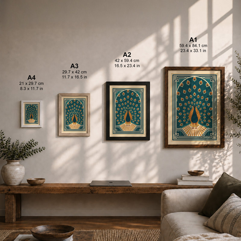 Peacock Art Deco - Framed Print, A2 - 59.4 x 42.0 cm, White